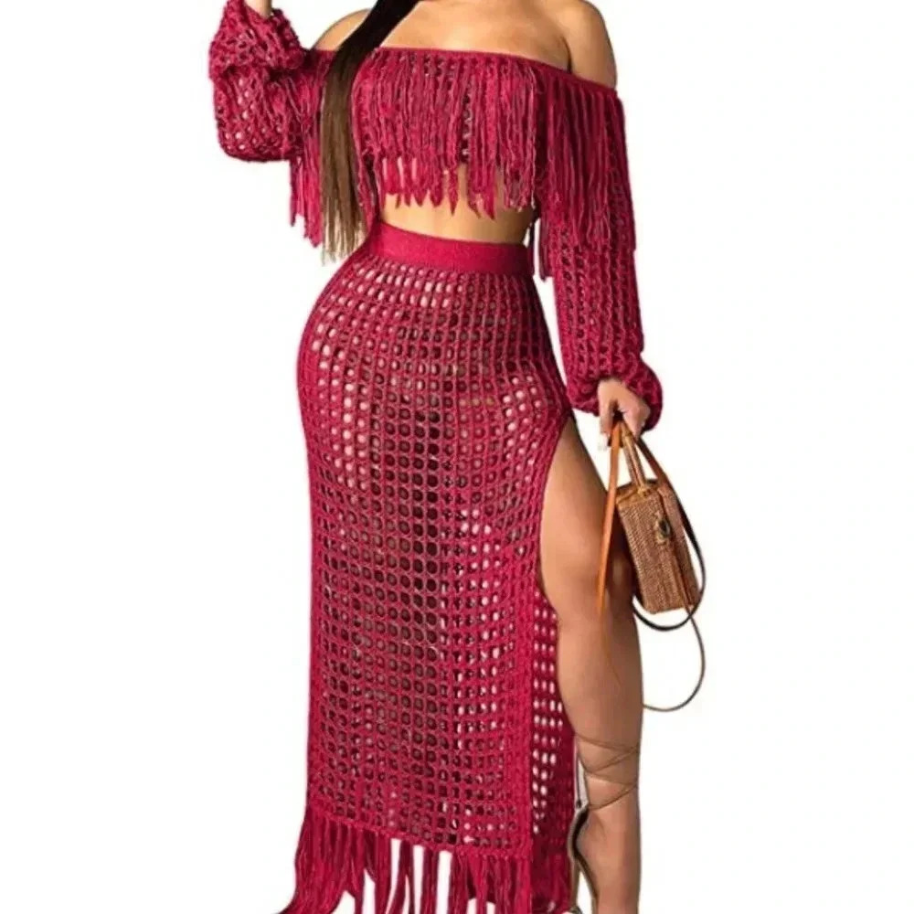 EXCLUSIVECB LUXURY WOMENS WINE RED LOUNGE SET CROP TOP W/ MAXI SKIRT